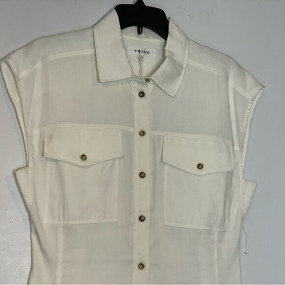 FRAME Arie Sleeveless Linen Button-Up Top in White - Picture 4 of 12